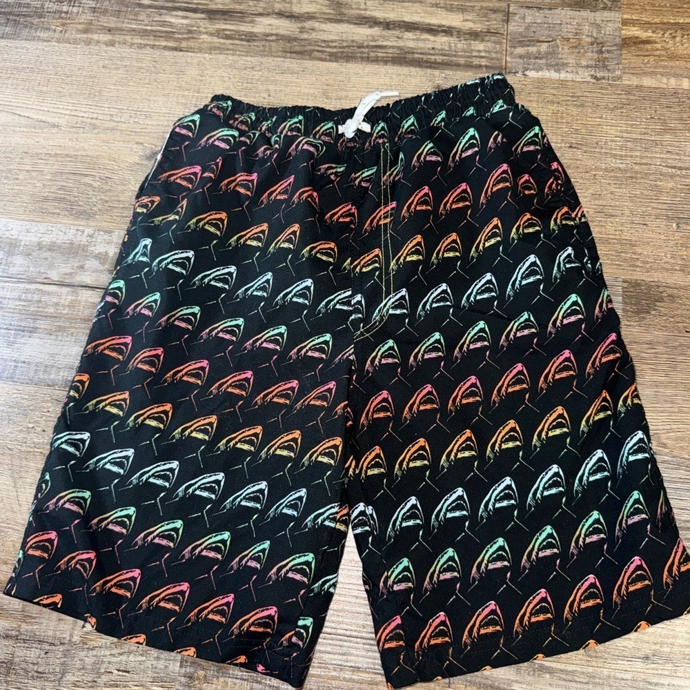 Boardwalk Kids Neon Rainbow Shark Swim Trunks Black Size 8 Mesh Lining